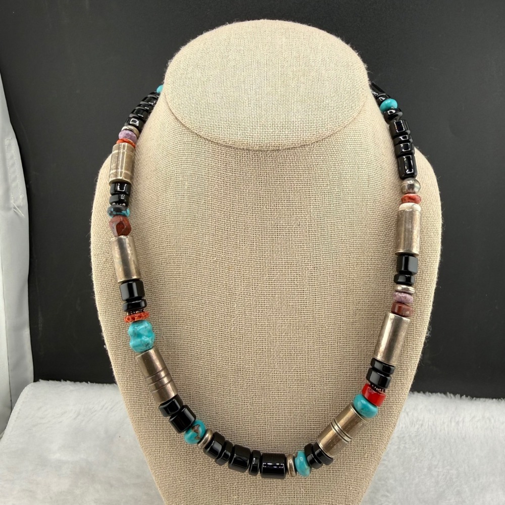 Vintage Navajo Tommy Singer Necklace Multicolor‎ Turquoise Coral Onyx Beads 19in
